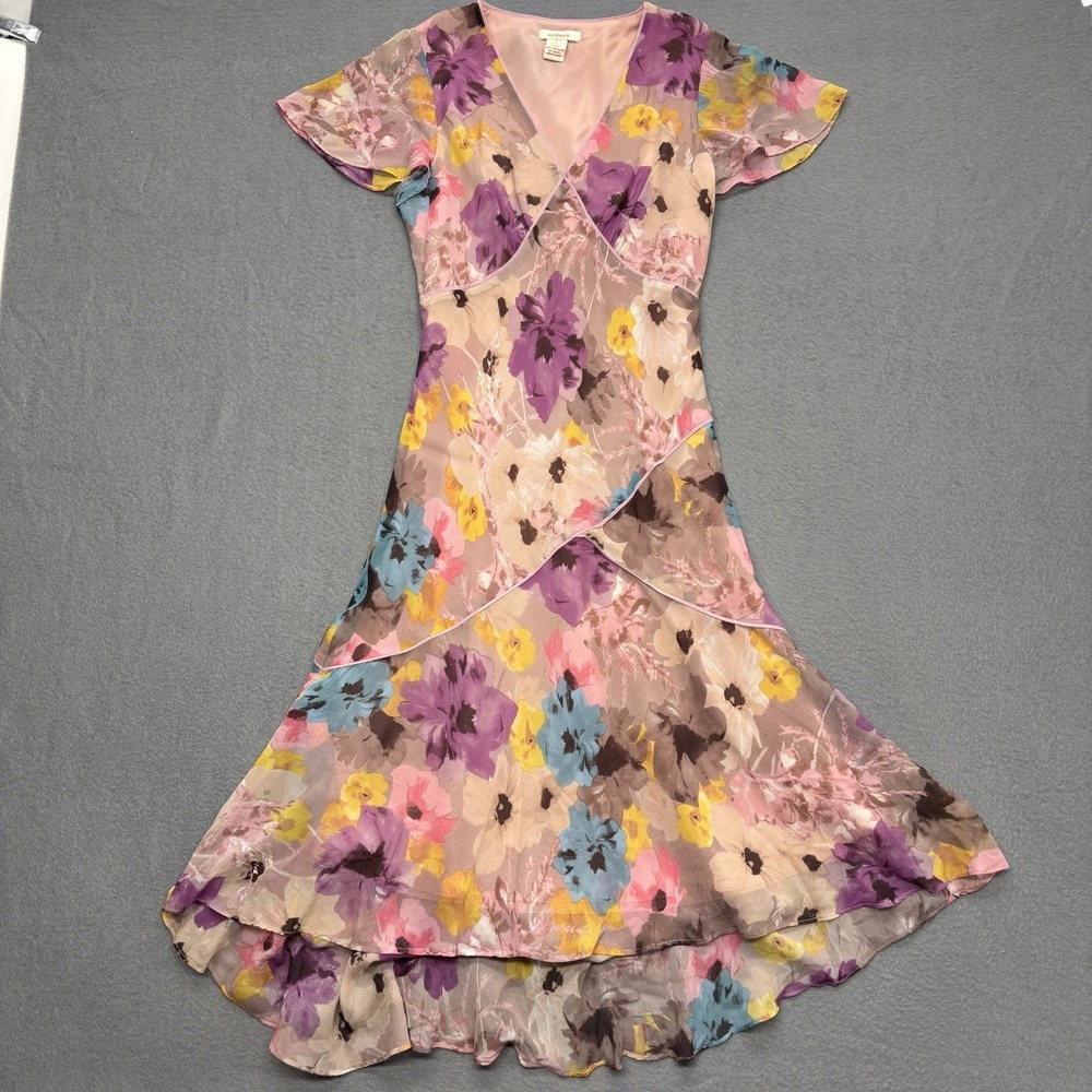 Sundance 100% Silk Chiffon Dress Flutter Sleeve V Neck Floral Whimsy Fairy Sz 4 - Picture 2 of 10